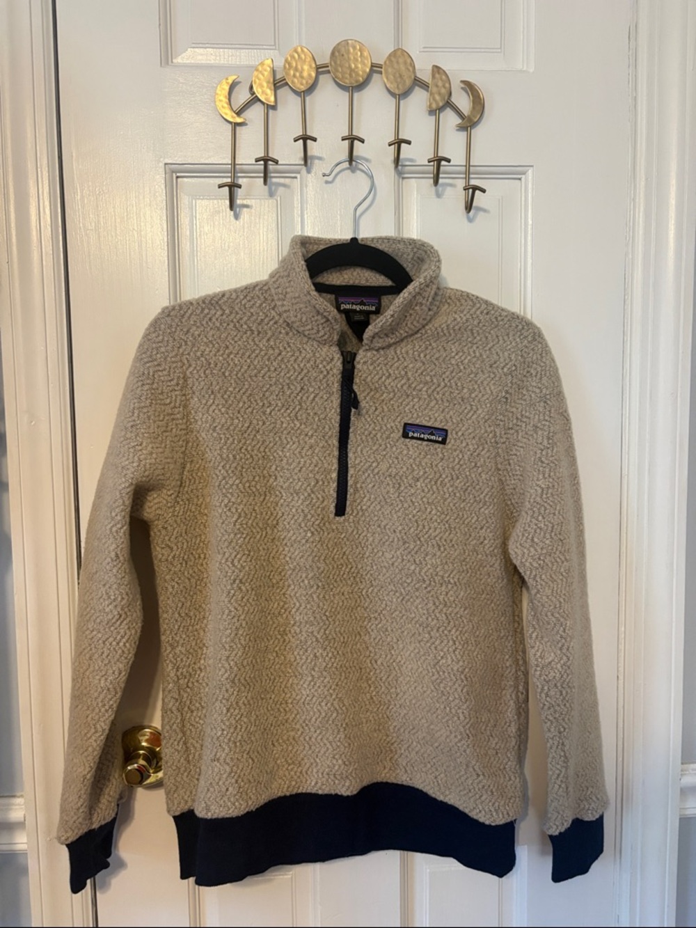 Patagonia Beige Half-Zip Fleece with Navy Trim